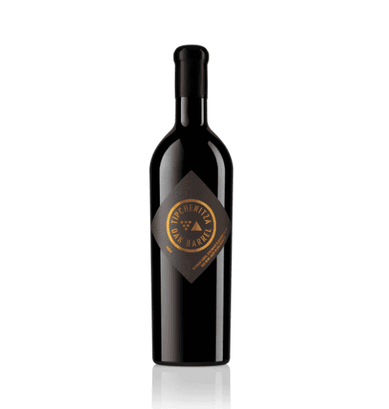 Close-up of Rubin wine bottle aged in oak barrel from Tipchenitza Winery.