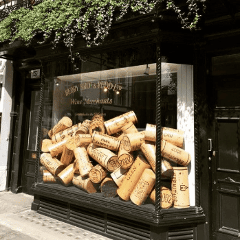 Wine cork display outside Intrepid Wines shop for wine lovers.